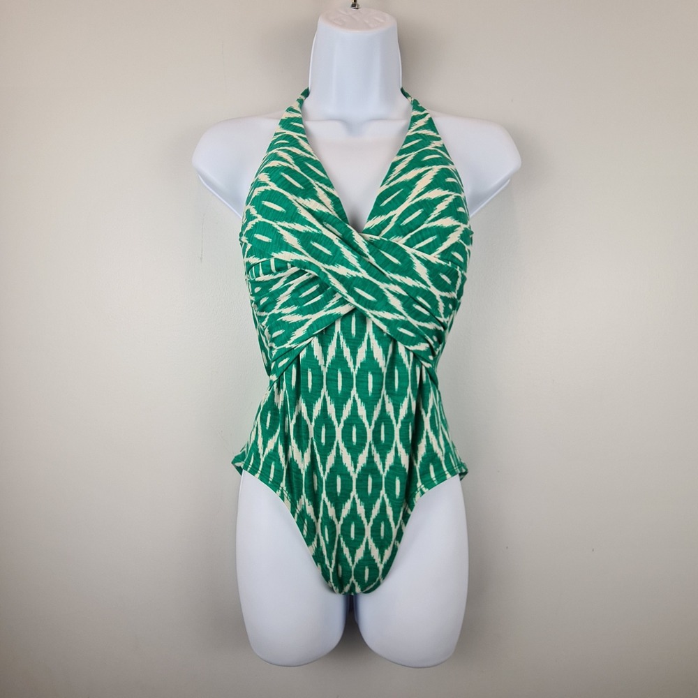 Robin Piccone Green Ikat Halter One‎ Piece Swimsuit Size 12 USA Ruched Retro Tie